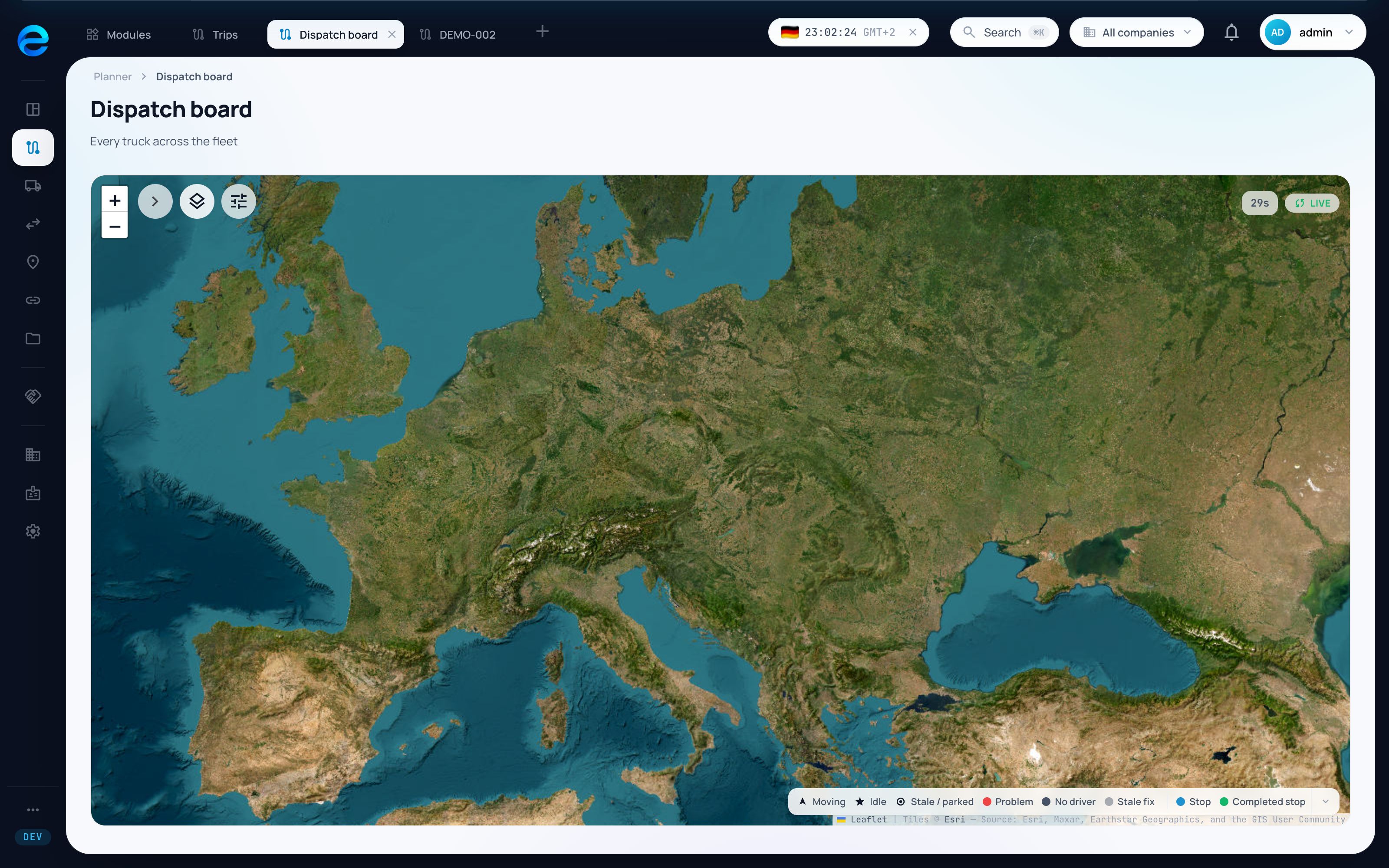 eTMS dispatch workspace with fleet and trip views