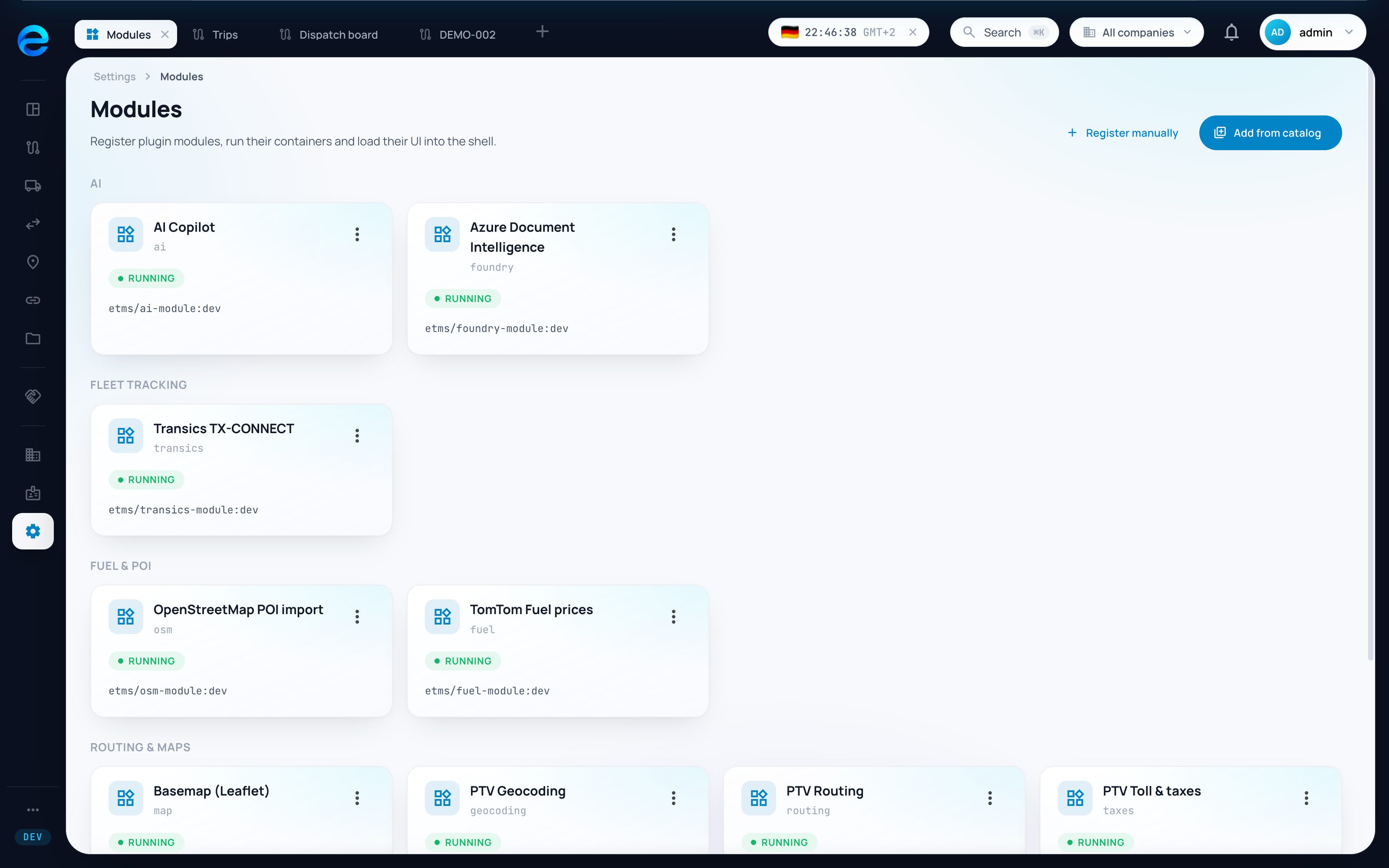 Available eTMS modules and integrations